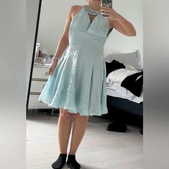 Silk & Beaded Halter Dress - Light Blue - Picture 8 of 8